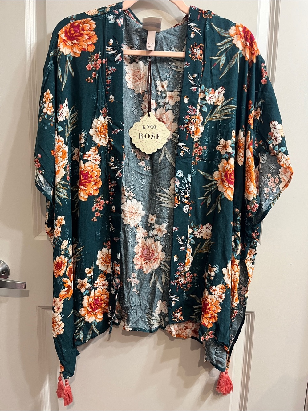 Knox Rose Teal Floral Kimono with Orange Tassels